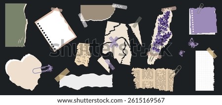 A set of paper cutouts, a torn newspaper, a notebook sheet, a retro newspaper, flowers, purple, green, quotes from musical notes, a fashionable set of vector collages, retro grunge stickers.Vector