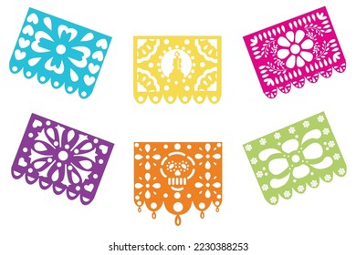 A set of paper decorations for the Mexican holiday Day of the Dead. Vector illustration isolated on white background.