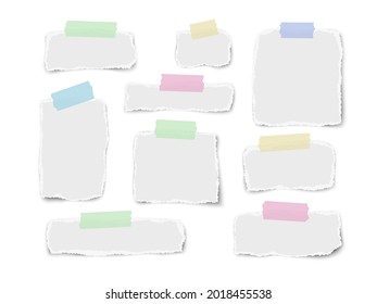 Set of paper different fragments scraps on color sticky adhesive tape isolated on white background. Vector illustration.