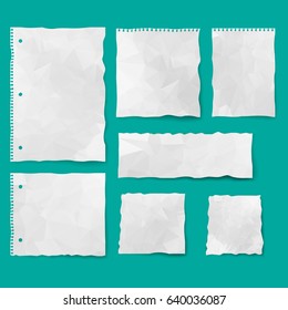 Set of paper different shapes. Collection of white ripped pieces of paper. Isolated vector illustration.