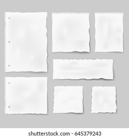 Set of paper different shapes. Collection of white ripped pieces of paper. Isolated vector illustration.