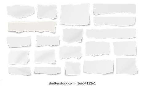 Set of paper different shapes ripped scraps, fragments, wisps isolated on white background