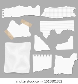 Set of paper different shapes scraps. Ripped papers, torn page pieces and scrapbook note paper piece. Texture page, textured memo sheet or notebook shred. Vector illustration