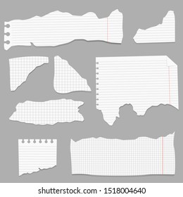 Set of paper different shapes scraps. Ripped papers, torn page pieces and scrapbook note paper piece. Texture page, textured memo sheet or notebook shred. Vector illustration