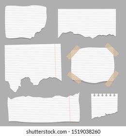 Set of paper different shapes scraps. Ripped papers, torn page pieces and scrapbook note paper piece. Texture page, textured memo sheet or notebook shred. Vector illustration
