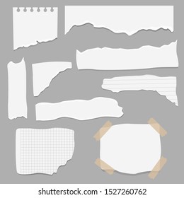 Set of paper different shapes scraps. Ripped papers, torn page pieces and scrapbook note paper piece. Texture page, textured memo sheet or notebook shred. Vector illustration