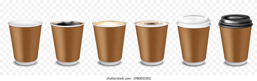 A set of paper disposable cups for coffee, latte, cappuccino, espresso, americano, cocoa. Cups with plastic cover. Coffee to go. Vector 3D realistic illustration isolated on transparent background