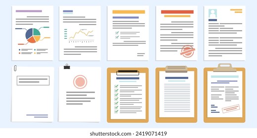 Set of paper and document, Checklist document, Document with paper clip, Document on paper holder and clipboard, flat design icon vector illustration.