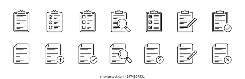 Satz von Papierdokument und Zwischenablage-Symbol Dünne Linie Stil. Qualitätskontrolle, Checkliste, Zwischenablage-Dokumentseite mit Häkchen, Lupe, Bleistift-Symbol. Vektorillustration