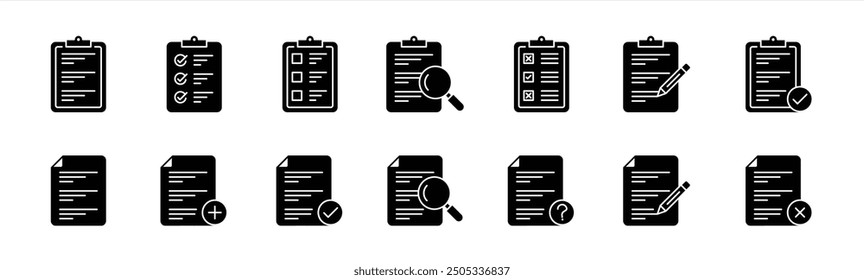 set of paper document and clipboard icon. quality control, checklist, clipboard document page with check mark, magnifier, pencil icon. vector illustration