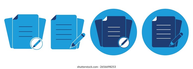 Conjunto de documentos de papel y estilo de línea delgada de ícono de Portapapeles. Control de calidad, lista de verificación, página de documento de Portapapeles con marca de verificación, lupa, ícono de lápiz. Firma de ícono de documento Ilustración vectorial EPS 10