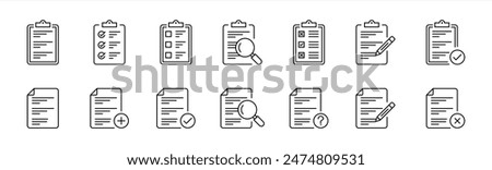 set of paper document and clipboard icon thin line style. quality control, checklist, clipboard document page with check mark, magnifier, pencil icon. vector illustration