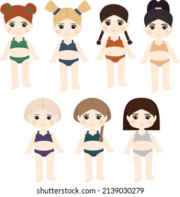 A set of paper dolls of girls with different hairstyles, eye colors, hair and swimwear.