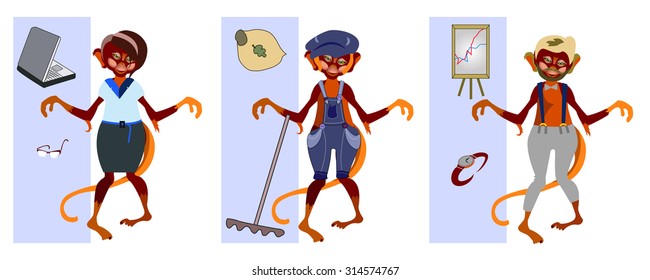 Set of paper dolls of monkeys in various clothes and different professions: secretary, gardener-janitor, office worker. Options costumes for New Year and Halloween Party.