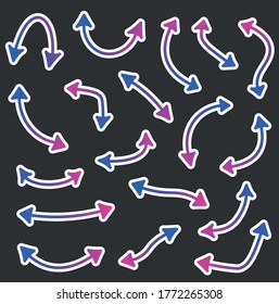 Set Of Paper Double Sided Isolated Arrows. Blue And Purple Gradient Arrows Of Different Shapes With White Outline On Black Background. Vector Illustration.