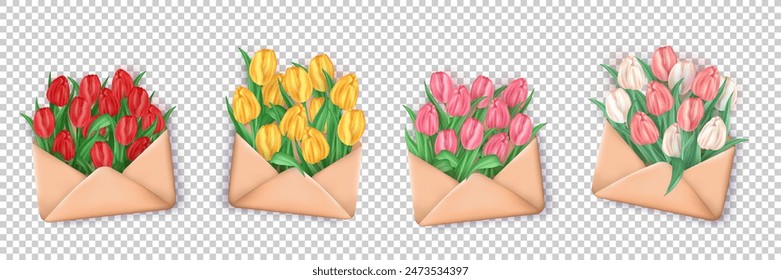 Conjunto de sobres de papel rellenos con un montón de tulipanes coloridos realistas 3d. Ramo tridimensional de flores de primavera en el interior de la letra abierta aislado sobre fondo transparente. Boletín floral