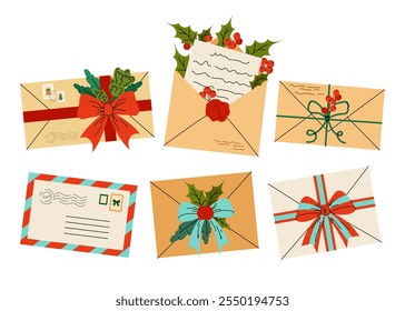 Set of paper envelopes for letters. Post Office. Letters to Santa Claus. Flat vector illustration on white background. 