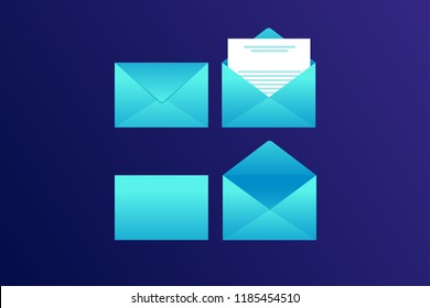 Set of paper envelopes on blue background. An open envelope with letter, an empty envelope and sealed one. Vector illustration.