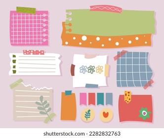Set of paper. Equipment for school and office. Place for writing, planning and setting goals, tasks, organizer and memo, to do list. Cartoon flat vector illustrations isolated on violet background