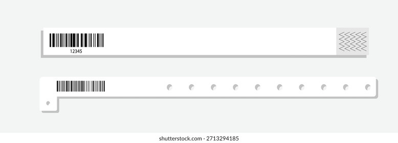 Conjunto de Plantillas de pulsera de evento de papel. Pulsera de la admisión para el concierto, festival, cine, partido, entrada de la discoteca en fondo transparente. Diadema de Identificación del paciente. Ilustración vectorial.