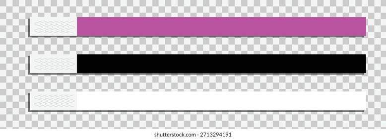 Conjunto de Plantillas de pulsera de evento de papel. Pulsera de la admisión para el concierto, festival, cine, partido, entrada de la discoteca en fondo transparente. Diadema de Identificación del paciente. Ilustración vectorial.