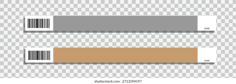 Conjunto de Plantillas de pulsera de evento de papel. Pulsera de la admisión para el concierto, festival, cine, partido, entrada de la discoteca en fondo transparente. Diadema de Identificación del paciente. Ilustración vectorial.
