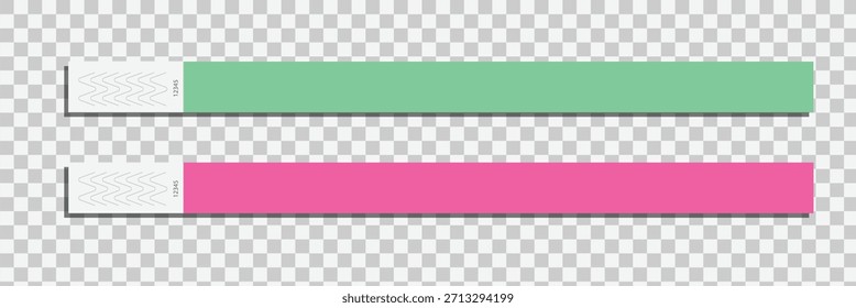 Conjunto de Plantillas de pulsera de evento de papel. Pulsera de la admisión para el concierto, festival, cine, partido, entrada de la discoteca en fondo transparente. Diadema de Identificación del paciente. Ilustración vectorial.