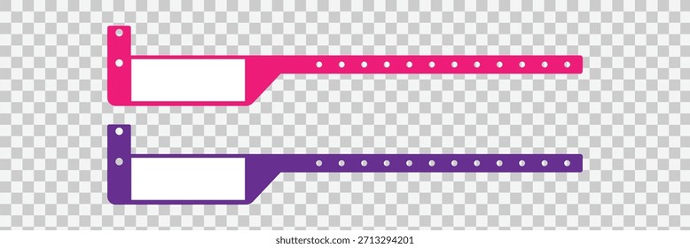 Conjunto de Plantillas de pulsera de evento de papel. Pulsera de la admisión para el concierto, festival, cine, partido, entrada de la discoteca en fondo transparente. Diadema de Identificación del paciente. Ilustración vectorial.