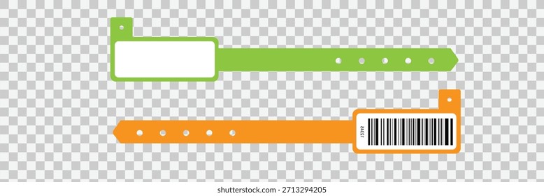 Conjunto de Plantillas de pulsera de evento de papel. Pulsera de la admisión para el concierto, festival, cine, partido, entrada de la discoteca en fondo transparente. Diadema de Identificación del paciente. Ilustración vectorial.