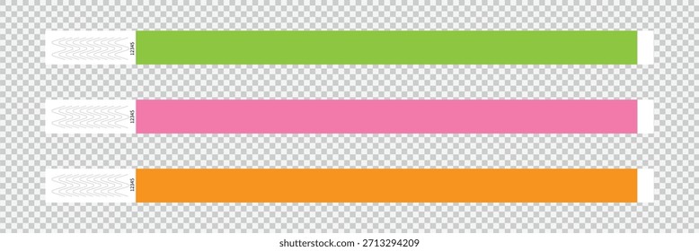Conjunto de Plantillas de pulsera de evento de papel. Pulsera de la admisión para el concierto, festival, cine, partido, entrada de la discoteca en fondo transparente. Diadema de Identificación del paciente. Ilustración vectorial.