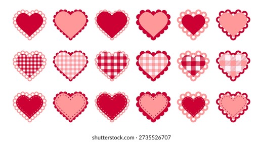 Set of paper or fabric red and pink heart shapes with scalloped borders. Templates of romantic cards or patches with ruffles, stitched borders and gingham prints. Vector flat illustration.