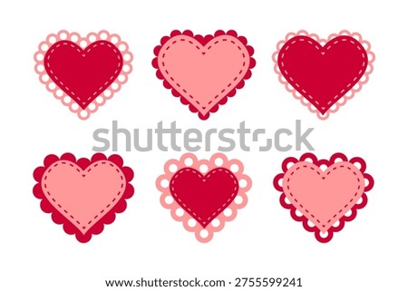 Set of paper or fabric red and pink heart shapes with laced borders. Templates of romantic Valentine day cards or patches with ruffles, stitched borders and gingham print. Vector flat illustration.