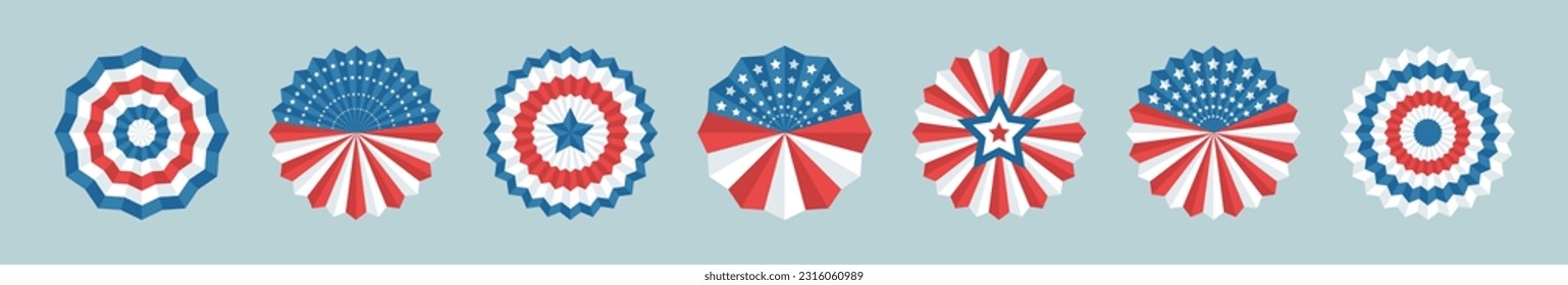 Set of paper fans decorations with American flag for USA independence day. The 4th of July. Isolated vector illustration.