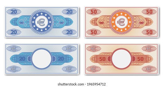 A set of paper fictional EU money. Obverse and reverse of banknotes or certificates in denominations of 20 and 50 euros