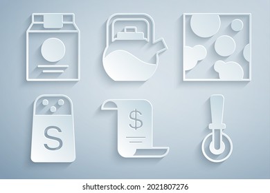 Set Paper or financial check, Cheese, Salt, Pizza knife, Kettle with handle and Online ordering delivery icon. Vector