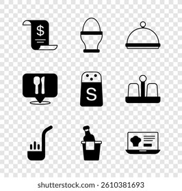 Set Paper or financial check, Chicken egg on stand, Covered with tray, Kitchen ladle, Champagne ice bucket, Online ordering delivery, Cafe restaurant location and Salt icon. Vector