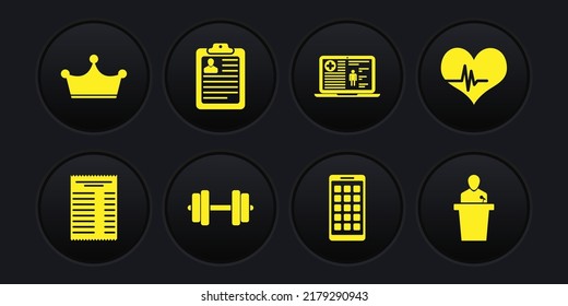 Set Paper Or Financial Check, Heart Rate, Dumbbell, Mobile Apps, Medical Clinical Record And Clipboard With Resume Icon. Vector