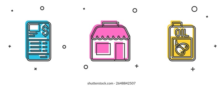 Set Paper or financial check, Market store and Bottle of olive oil icon. Vector