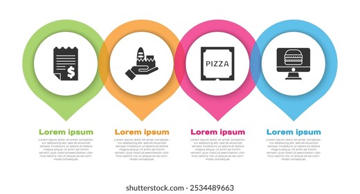 Set Paper or financial check, Online ordering and delivery, Pizza in cardboard box and Online ordering and delivery. Business infographic template. Vector