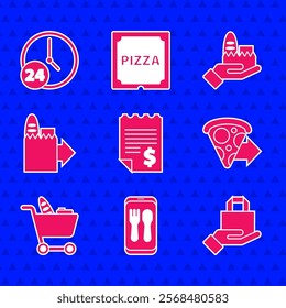 Set Paper or financial check, Online ordering and delivery, pizza, Shopping cart food,  and Clock 24 hours icon. Vector