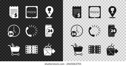 Set Paper or financial check, Pizza cardboard box, Alcohol beer bar location, Shopping cart and food, Restaurant cafe menu, Online ordering noodles delivery, Clock 24 hours and Food icon. Vector