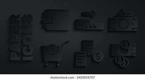 Set Paper or financial check, Stacks paper money cash, Shopping cart and dollar, Pos terminal and Wallet icon. Vector