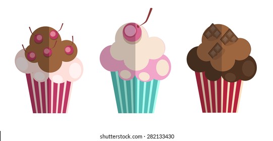 Set of Paper Flat Cupcakes. Vector Illustration EPS10