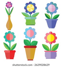 Set of paper flower icons with pots