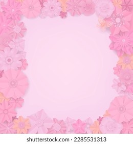 Set of paper flowers frame with butterfly on pink background and space for place text or photo. Paper cut and craft design.
