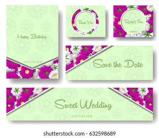 Set of paper flowers invitation, template for greeting cards, wedding background, wedding invite, birthday, save the date, menu, thank you card, poster, advertising, label, website, voucher discount.