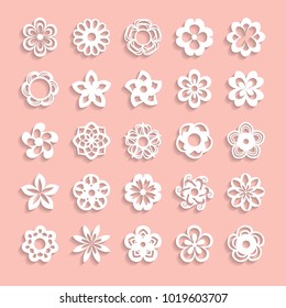 set of paper flowers with shadows on the pink background