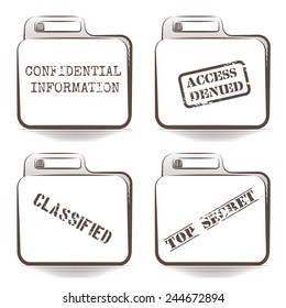 Set of paper folders with secret files drawn in retro graphic style. Isolated on white.