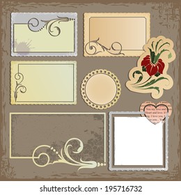 Set of paper frame and decorative elements for design. Grunge scratched and battered elements. 