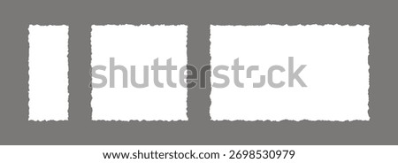 Set of paper frame with jagged edges. Square and rectangle torn paper sheet collection. Ripped page template background for poster, text box, banner, collage, sticker, collage. Vector backdrop pack
